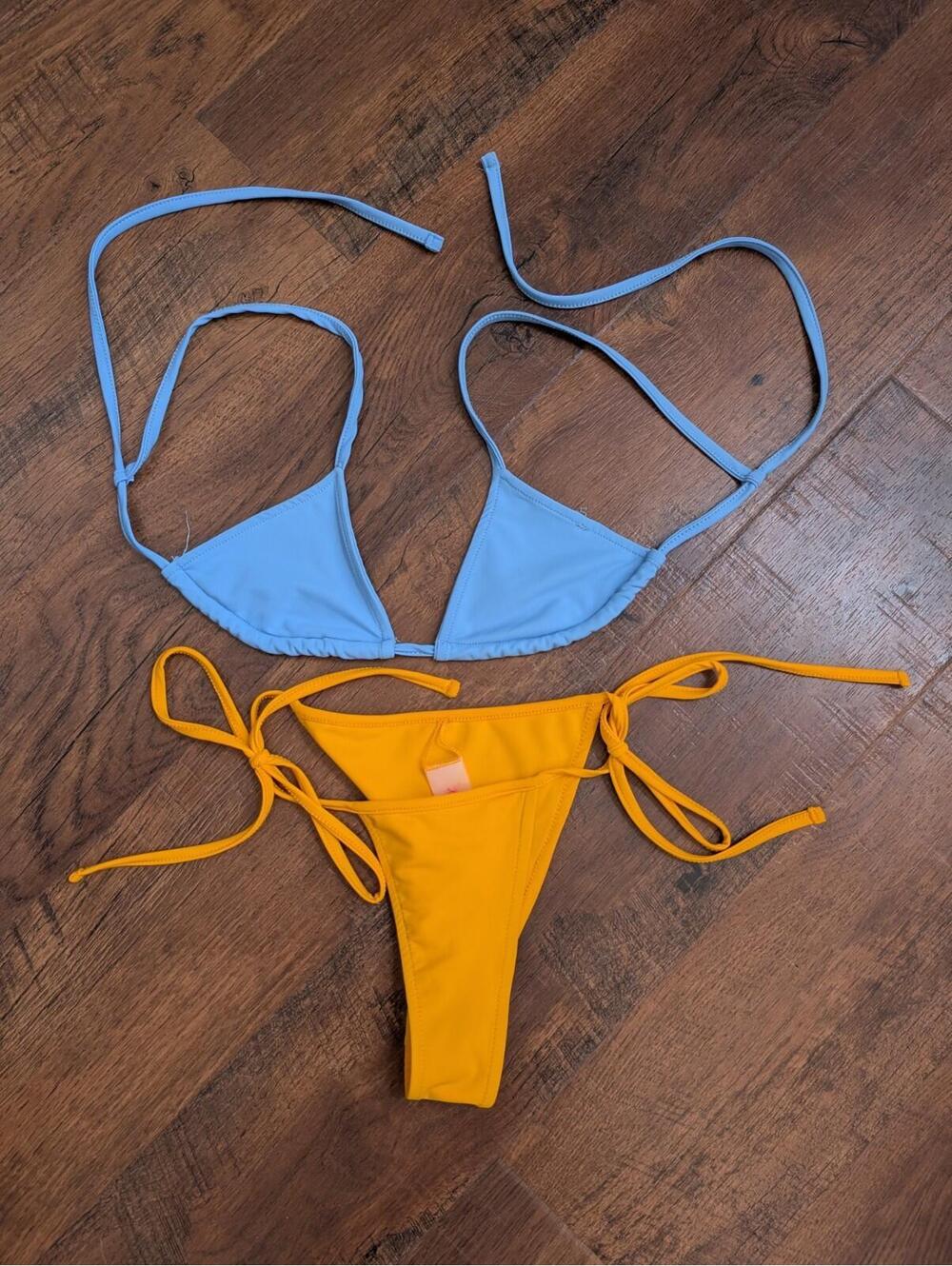 Lisa Says Gah Bikini Set XS Blue Triangle Top Yellow Tie Bottom NWOT Swimwear
